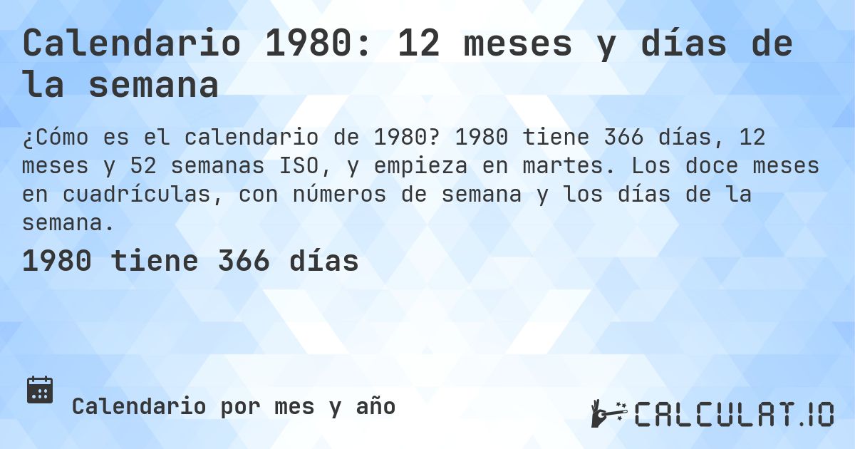 Calendario 1980: 12 meses y días de la semana. 1980 tiene 366 días, 12 meses y 52 semanas ISO, y empieza en martes. Los doce meses en cuadrículas, con números de semana y los días de la semana.