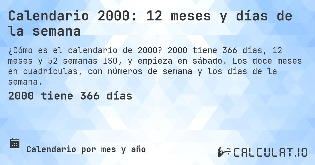 Calendario 2000: 12 meses y días de la semana. 2000 tiene 366 días, 12 meses y 52 semanas ISO, y empieza en sábado. Los doce meses en cuadrículas, con números de semana y los días de la semana.