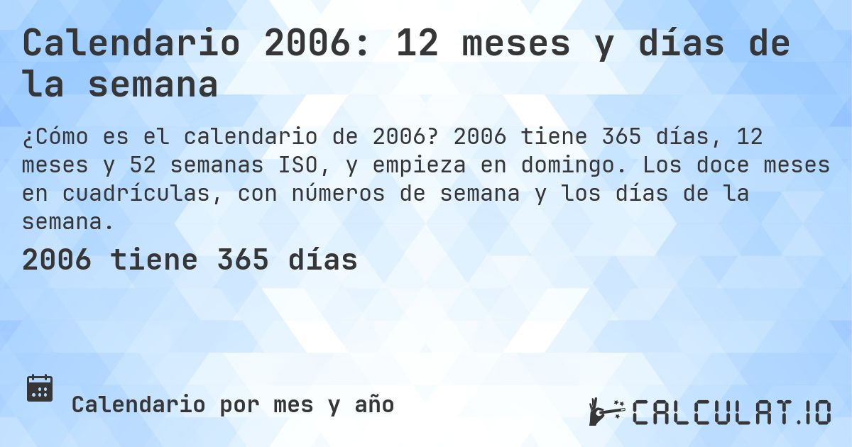 Calendario 2006: 12 meses y días de la semana. 2006 tiene 365 días, 12 meses y 52 semanas ISO, y empieza en domingo. Los doce meses en cuadrículas, con números de semana y los días de la semana.