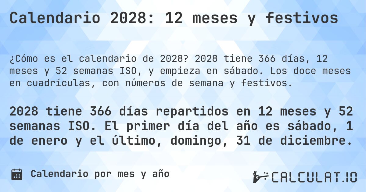 Calendario 2028: 12 meses y festivos. 2028 tiene 366 días, 12 meses y 52 semanas ISO, y empieza en sábado. Los doce meses en cuadrículas, con números de semana y festivos.
