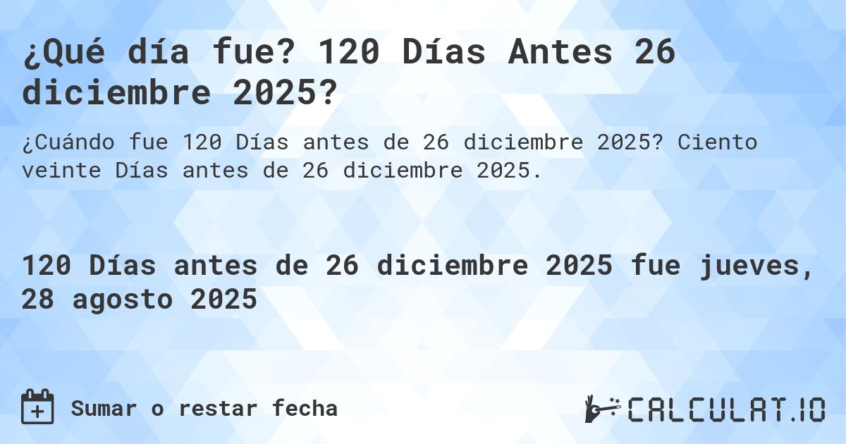 ¿Qué día fue? 120 Días Antes 26 diciembre 2025?. Ciento veinte Días antes de 26 diciembre 2025.