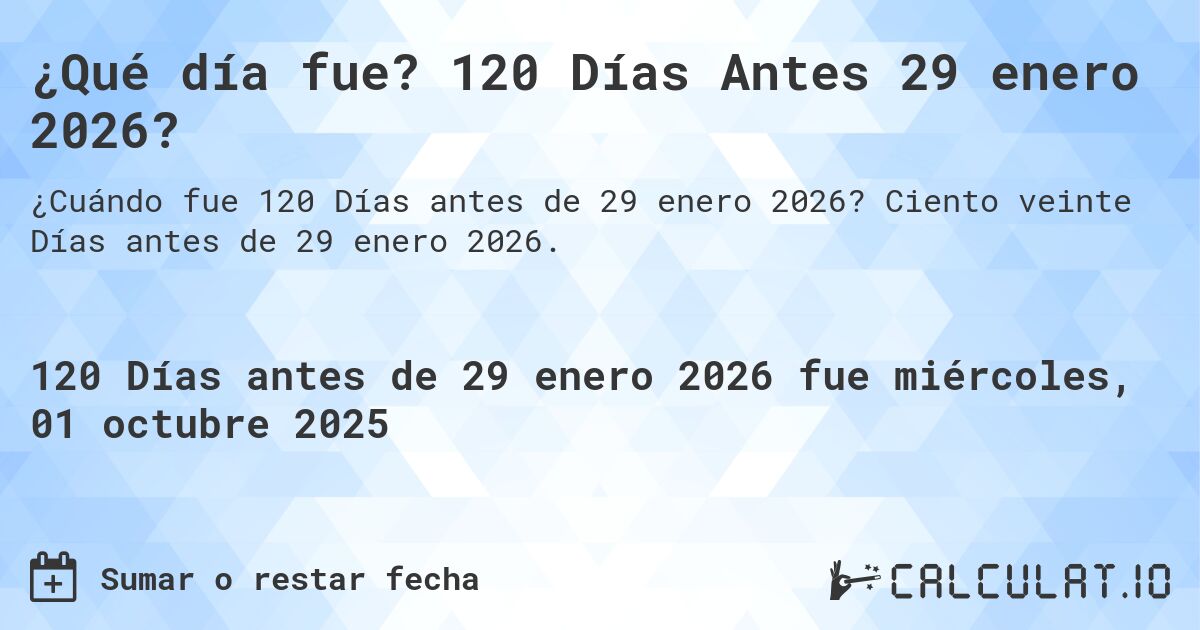 ¿Qué día fue? 120 Días Antes 29 enero 2026?. Ciento veinte Días antes de 29 enero 2026.