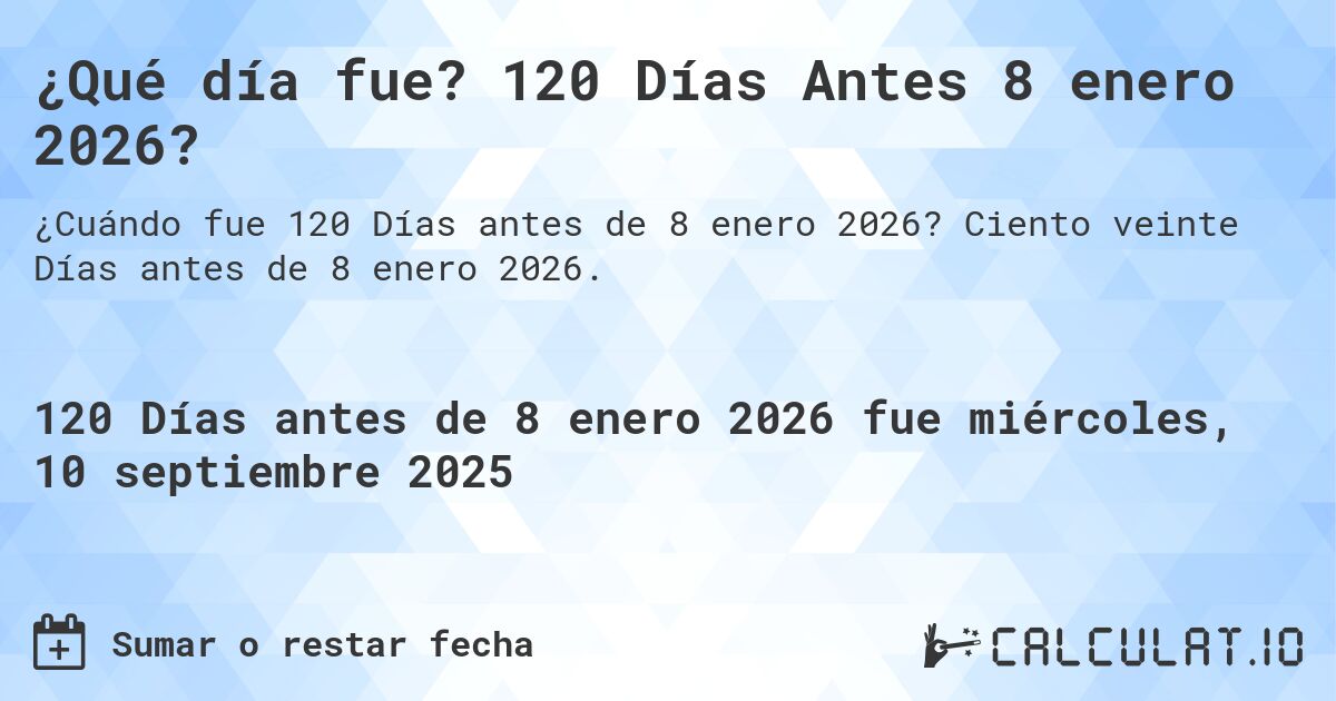 ¿Qué día fue? 120 Días Antes 8 enero 2026?. Ciento veinte Días antes de 8 enero 2026.