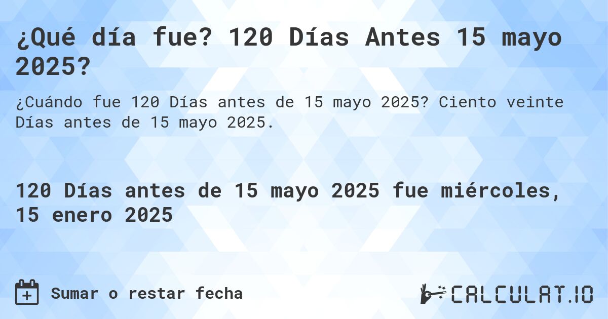 ¿Qué día fue? 120 Días Antes 15 mayo 2025?. Ciento veinte Días antes de 15 mayo 2025.