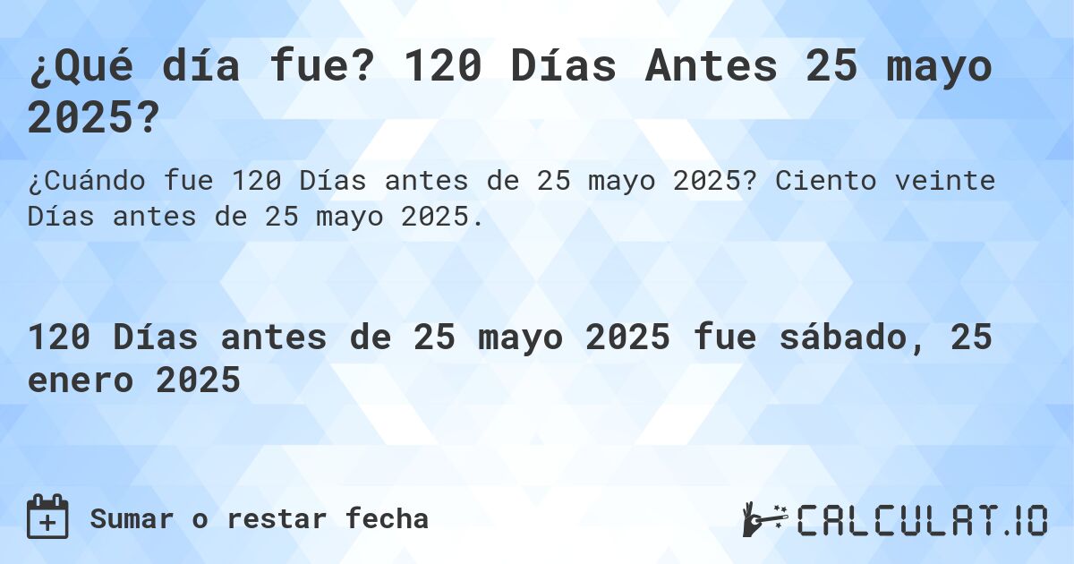 ¿Qué día fue? 120 Días Antes 25 mayo 2025?. Ciento veinte Días antes de 25 mayo 2025.