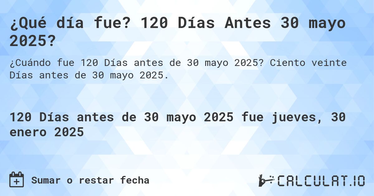 ¿Qué día fue? 120 Días Antes 30 mayo 2025?. Ciento veinte Días antes de 30 mayo 2025.