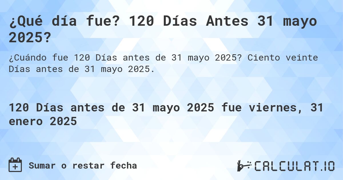 ¿Qué día fue? 120 Días Antes 31 mayo 2025?. Ciento veinte Días antes de 31 mayo 2025.