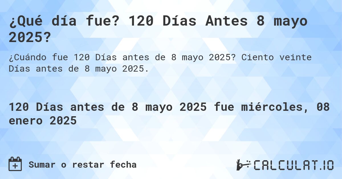 ¿Qué día fue? 120 Días Antes 8 mayo 2025?. Ciento veinte Días antes de 8 mayo 2025.