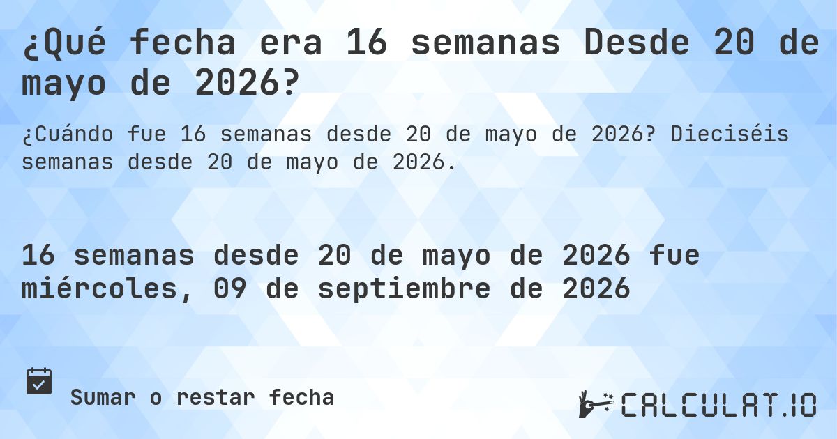 ¿Qué fecha era 16 semanas Desde 20 de mayo de 2026?. Dieciséis semanas desde 20 de mayo de 2026.