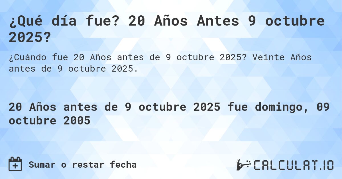 ¿Qué día fue? 20 Años Antes 9 octubre 2025?. Veinte Años antes de 9 octubre 2025.