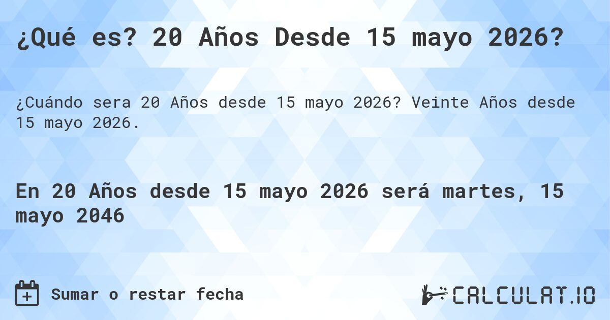 ¿Qué es? 20 Años Desde 15 mayo 2026?. Veinte Años desde 15 mayo 2026.