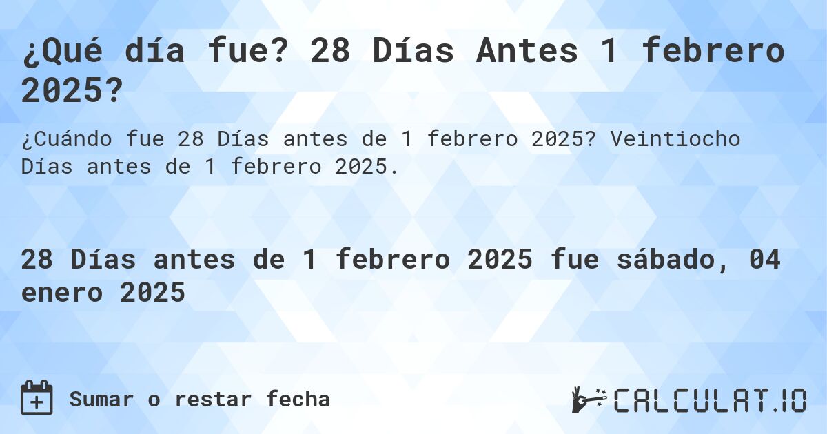 ¿Qué día fue? 28 Días Antes 1 febrero 2025?. Veintiocho Días antes de 1 febrero 2025.