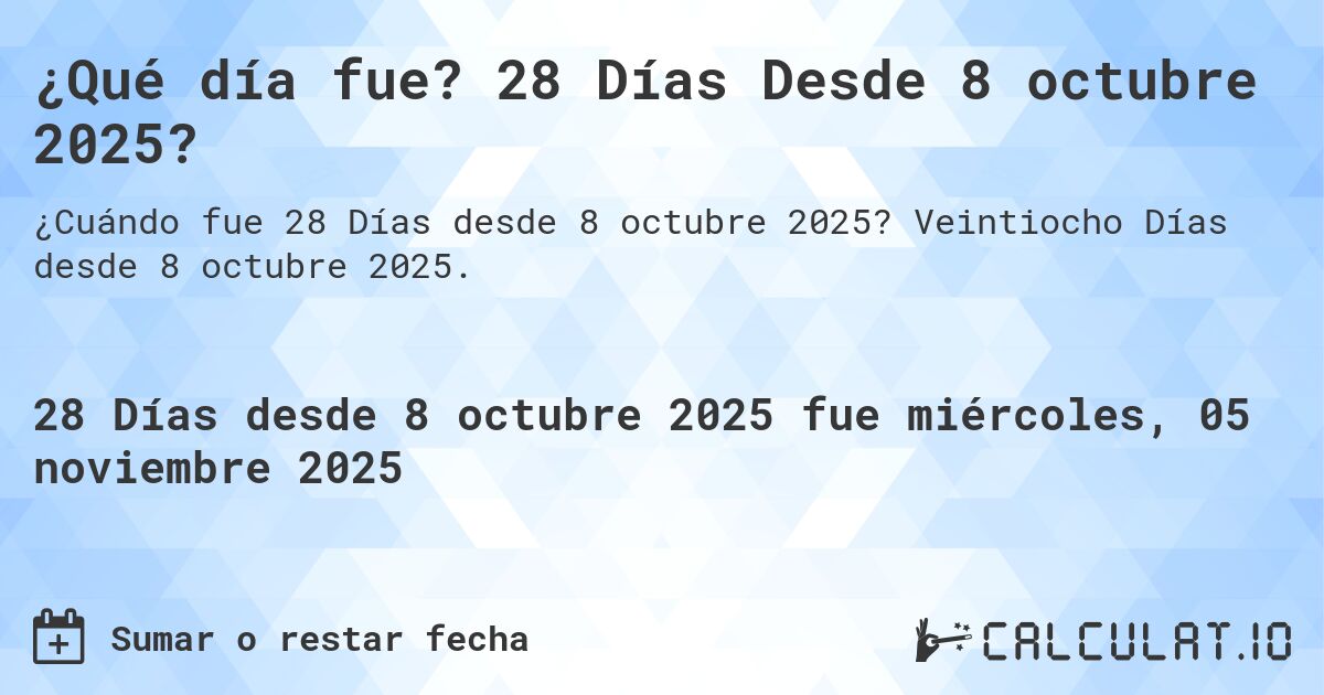 ¿Qué día fue? 28 Días Desde 8 octubre 2025?. Veintiocho Días desde 8 octubre 2025.