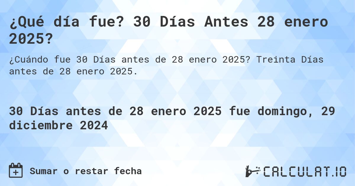 ¿Qué día fue? 30 Días Antes 28 enero 2025?. Treinta Días antes de 28 enero 2025.