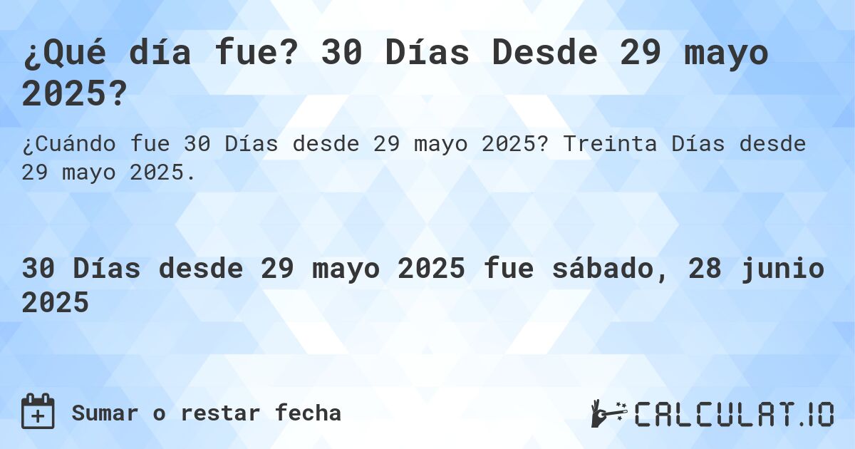 ¿Qué día fue? 30 Días Desde 29 mayo 2025?. Treinta Días desde 29 mayo 2025.