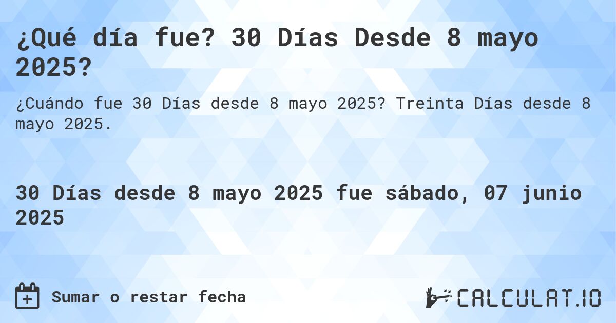 ¿Qué día fue? 30 Días Desde 8 mayo 2025?. Treinta Días desde 8 mayo 2025.