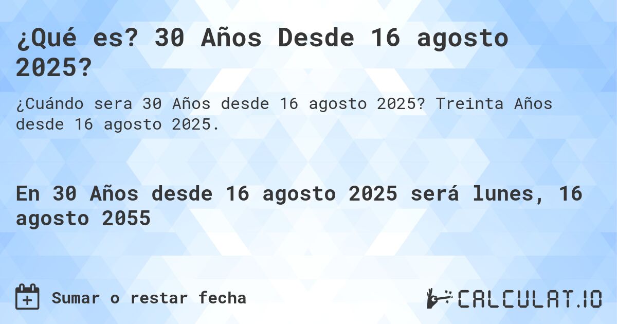 ¿Qué es? 30 Años Desde 16 agosto 2025?. Treinta Años desde 16 agosto 2025.