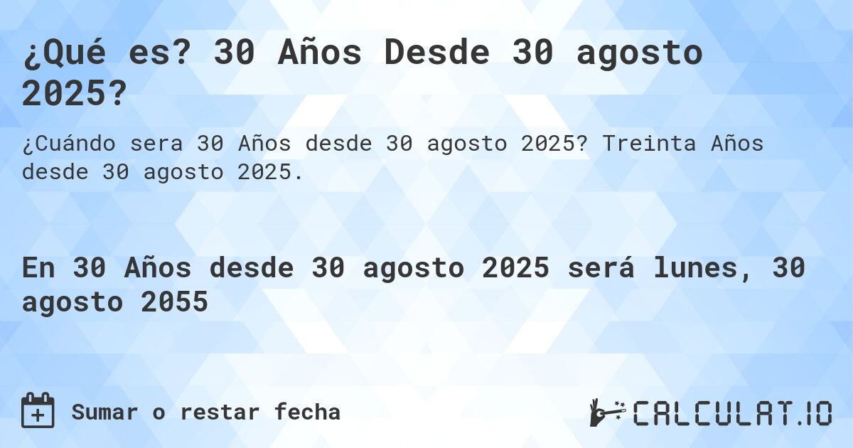 ¿Qué es? 30 Años Desde 30 agosto 2025?. Treinta Años desde 30 agosto 2025.