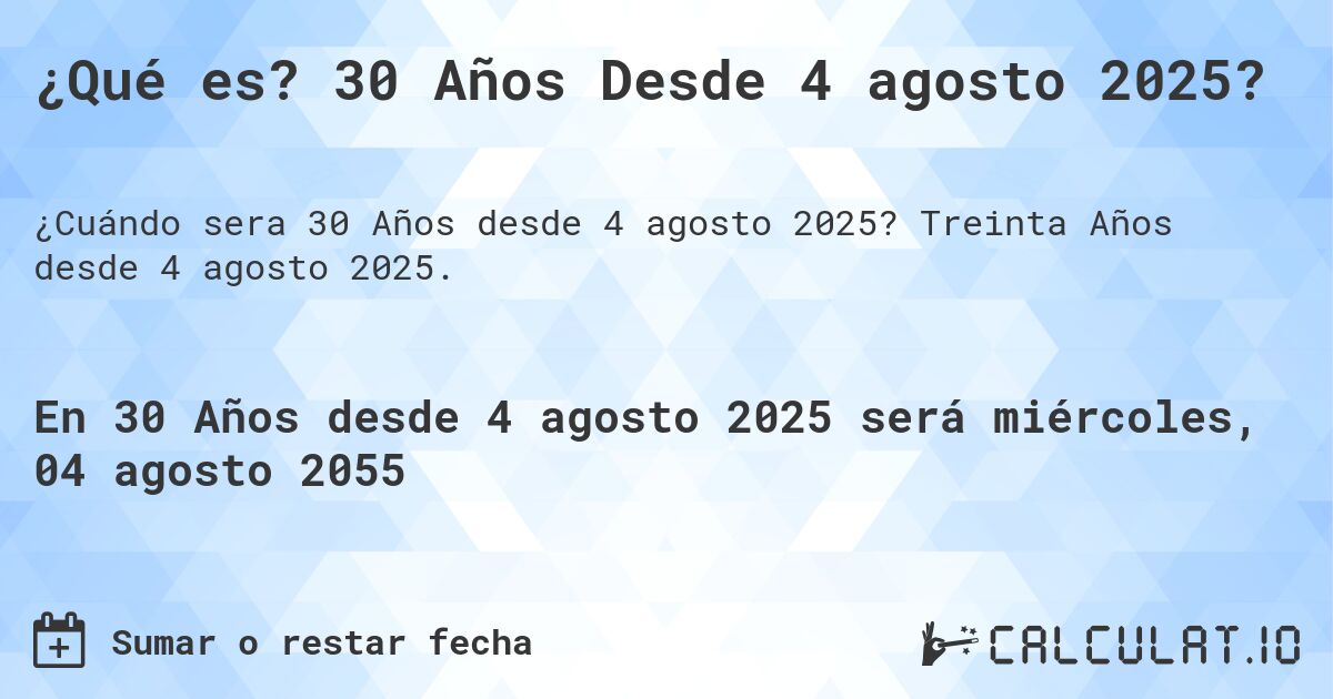 ¿Qué es? 30 Años Desde 4 agosto 2025?. Treinta Años desde 4 agosto 2025.