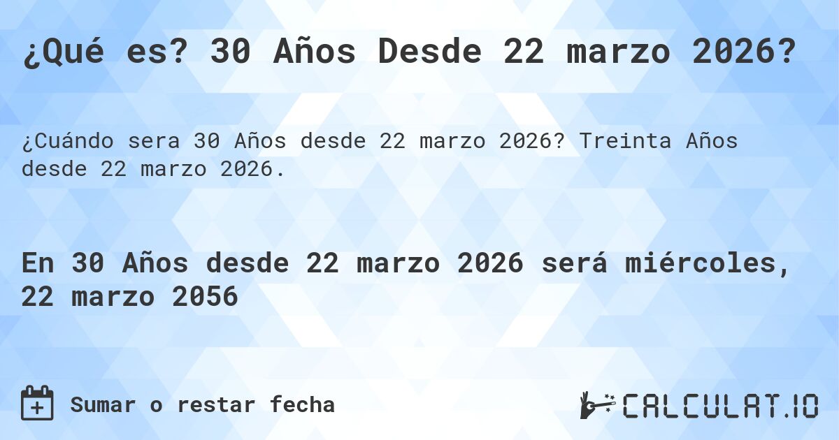 ¿Qué es? 30 Años Desde 22 marzo 2026?. Treinta Años desde 22 marzo 2026.