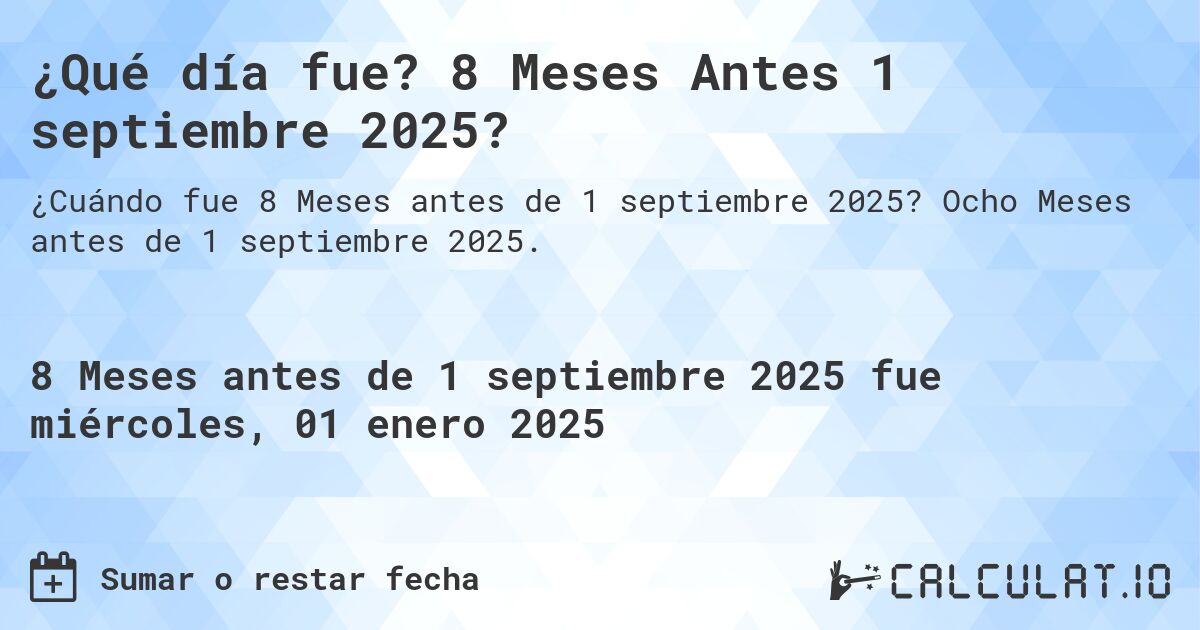 ¿Qué día fue? 8 Meses Antes 1 septiembre 2025?. Ocho Meses antes de 1 septiembre 2025.