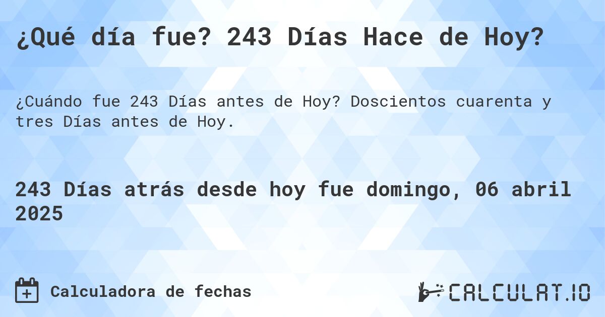 ¿Qué día fue? 243 Días Hace de Hoy?. Doscientos cuarenta y tres Días antes de Hoy.