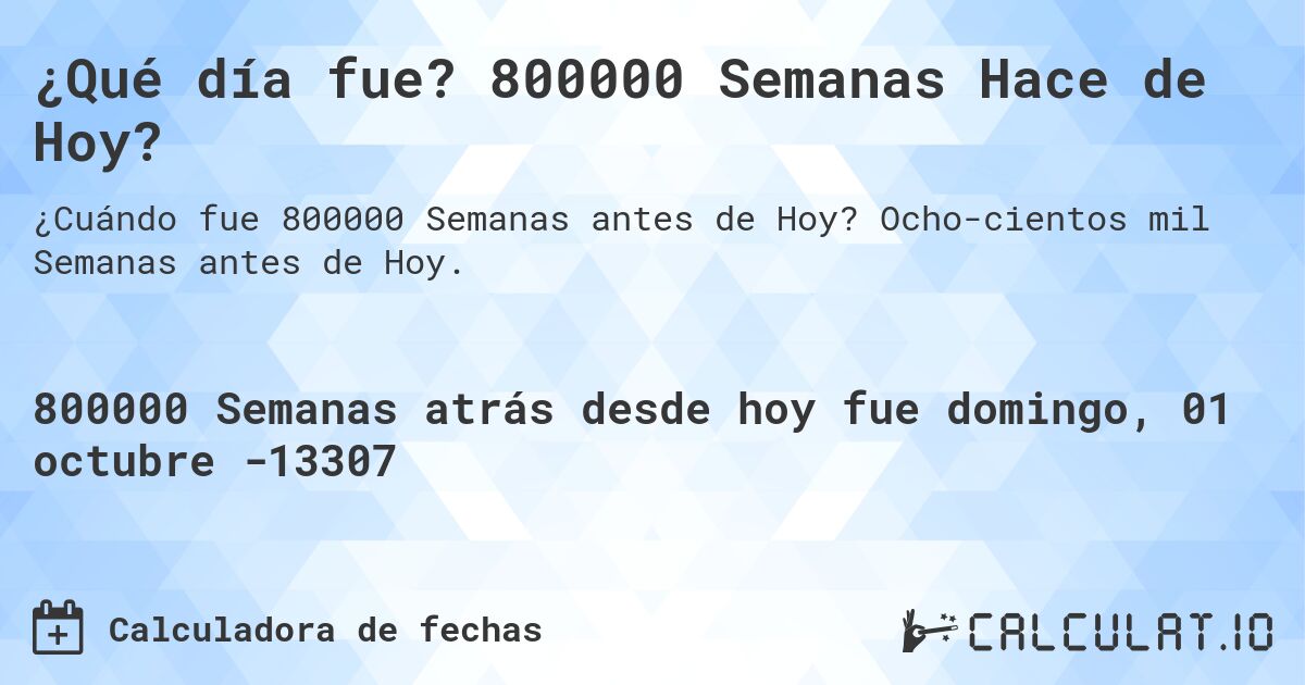 ¿Qué día fue? 800000 Semanas Hace de Hoy?. Ocho­cientos mil Semanas antes de Hoy.