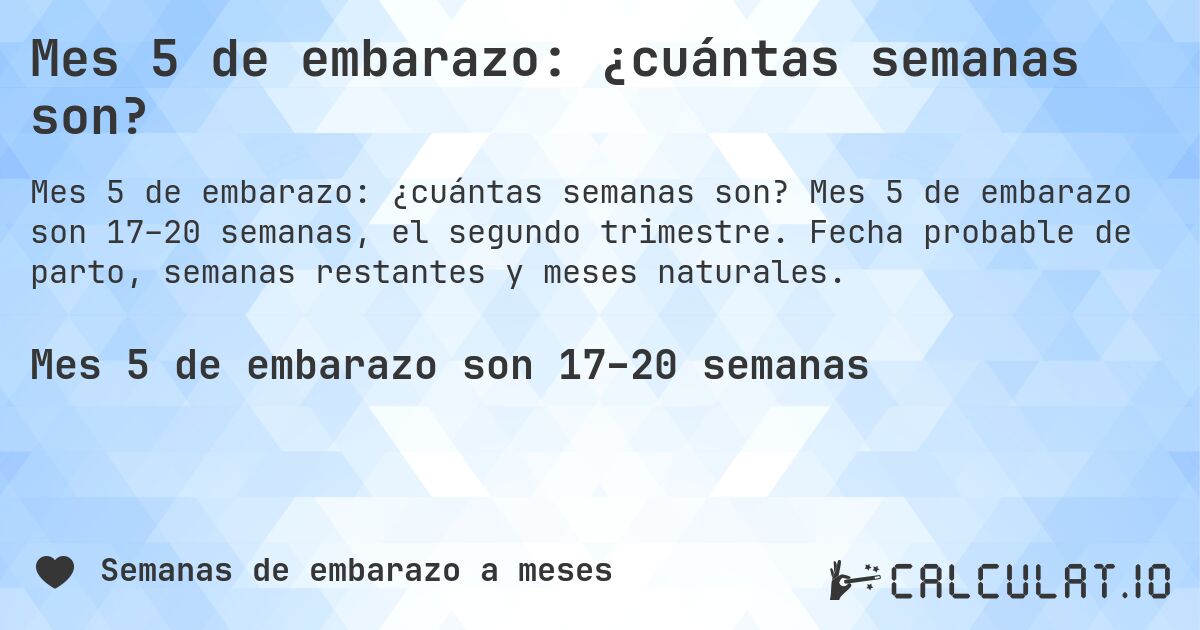 Mes 5 de embarazo: ¿cuántas semanas son?. Mes 5 de embarazo son 17–20 semanas, el segundo trimestre. Fecha probable de parto, semanas restantes y meses naturales.
