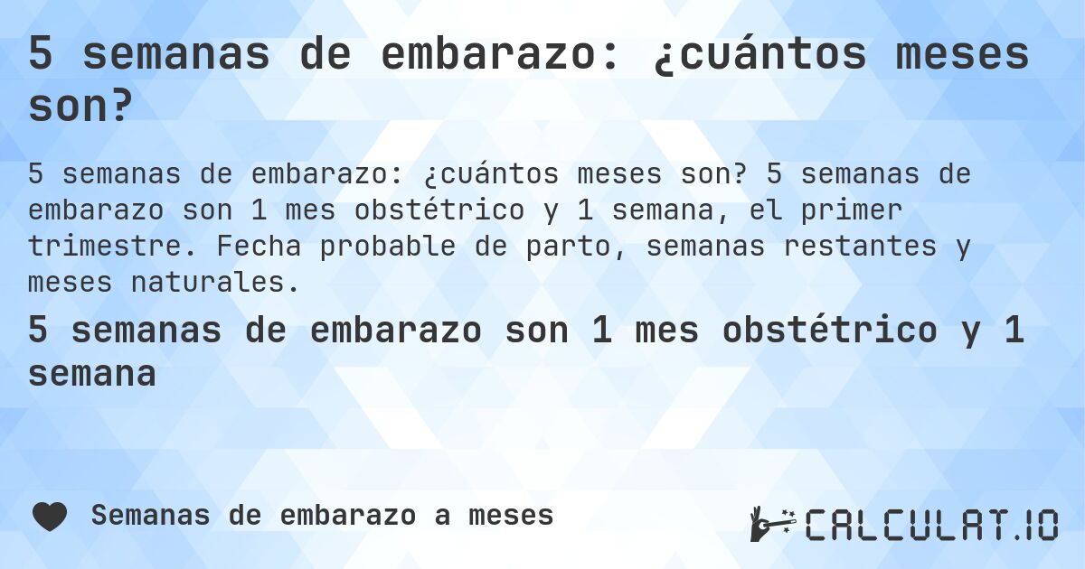 5 semanas de embarazo: ¿cuántos meses son?. 5 semanas de embarazo son 1 mes obstétrico y 1 semana, el primer trimestre. Fecha probable de parto, semanas restantes y meses naturales.