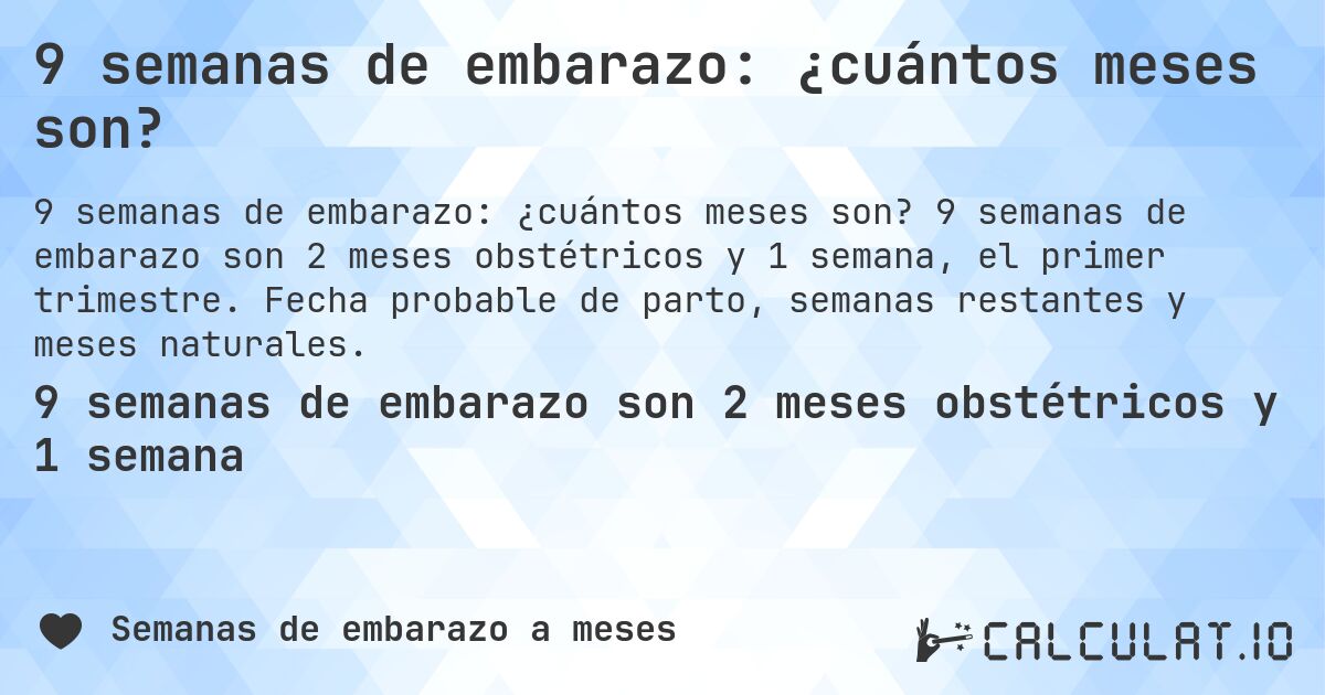 9 semanas de embarazo: ¿cuántos meses son?. 9 semanas de embarazo son 2 meses obstétricos y 1 semana, el primer trimestre. Fecha probable de parto, semanas restantes y meses naturales.