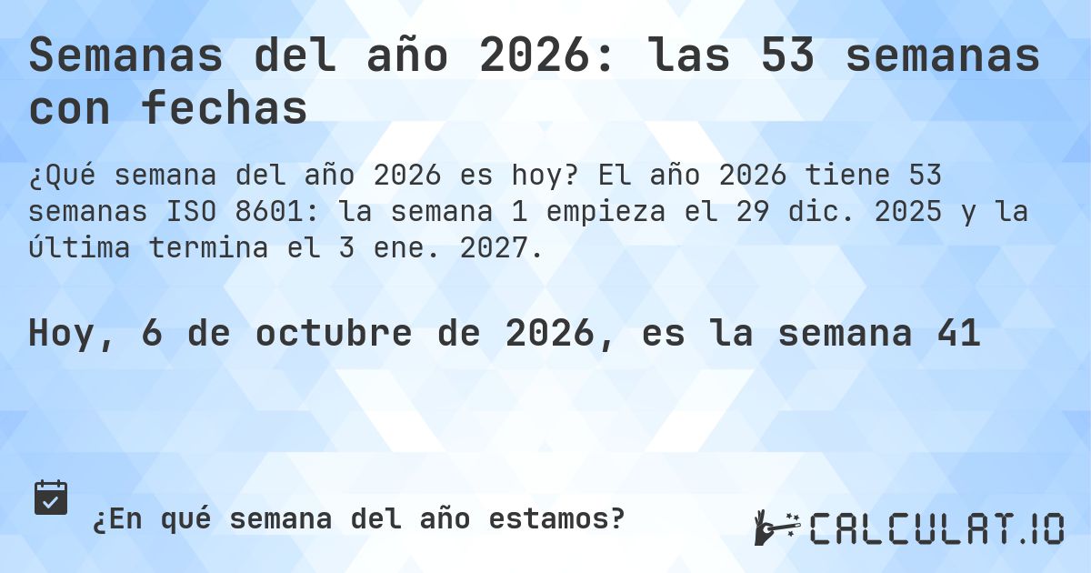 Semanas del año 2026: las 53 semanas con fechas. El año 2026 tiene 53 semanas ISO 8601: la semana 1 empieza el 29 dic. 2025 y la última termina el 3 ene. 2027.