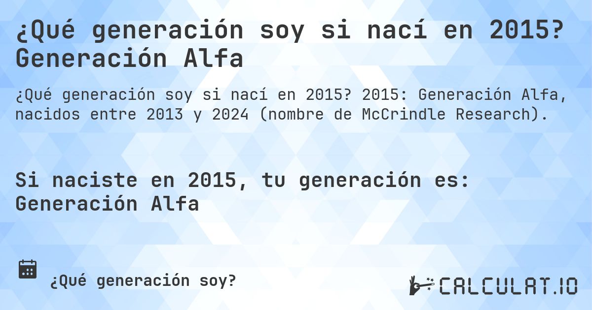 ¿Qué generación soy si nací en 2015? Generación Alfa. 2015: Generación Alfa, nacidos entre 2013 y 2024 (nombre de McCrindle Research).