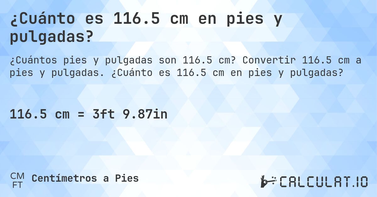 ¿Cuánto es 116.5 cm en pies y pulgadas?. Convertir 116.5 cm a pies y pulgadas. ¿Cuánto es 116.5 cm en pies y pulgadas?
