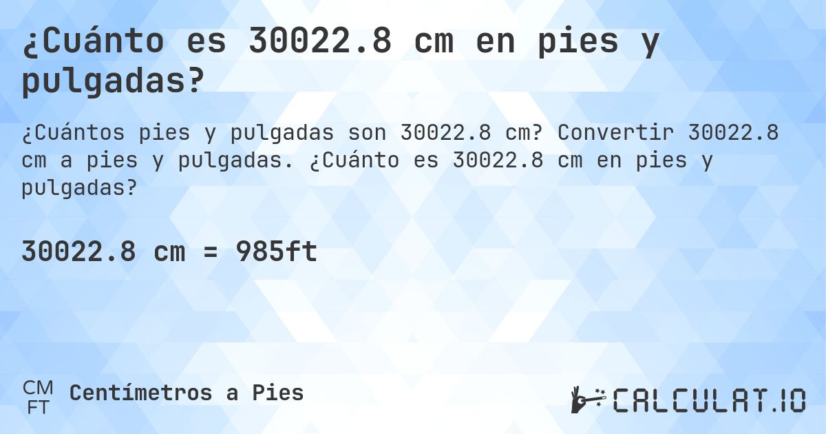 ¿Cuánto es 30022.8 cm en pies y pulgadas?. Convertir 30022.8 cm a pies y pulgadas. ¿Cuánto es 30022.8 cm en pies y pulgadas?