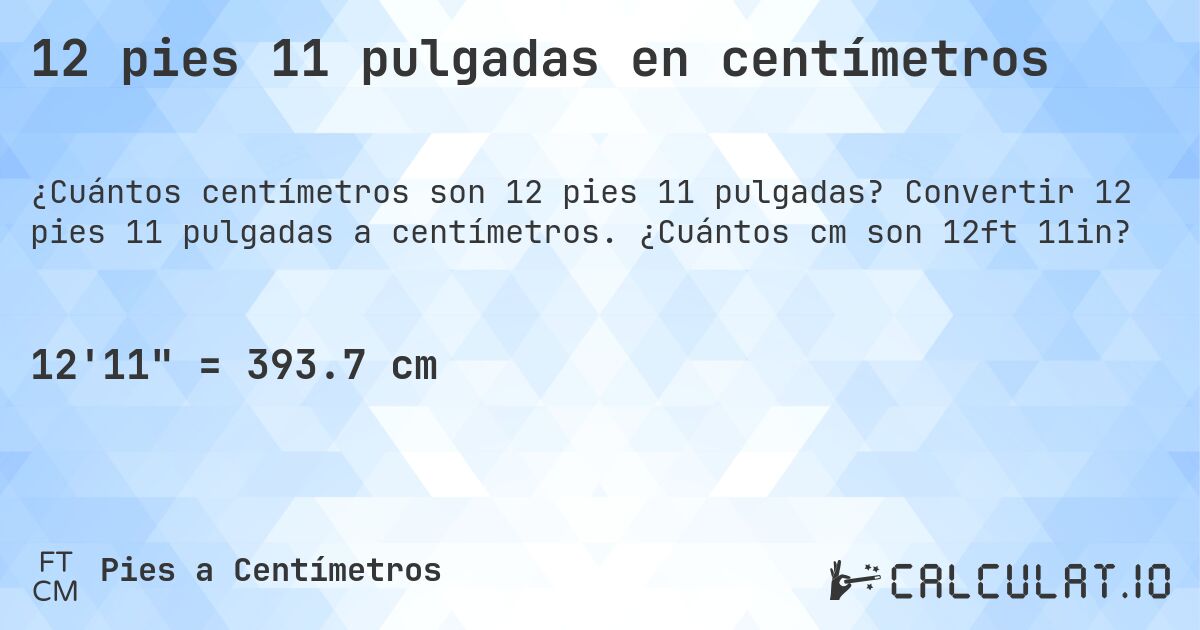 12 pies 11 pulgadas en centímetros. Convertir 12 pies 11 pulgadas a centímetros. ¿Cuántos cm son 12ft 11in?