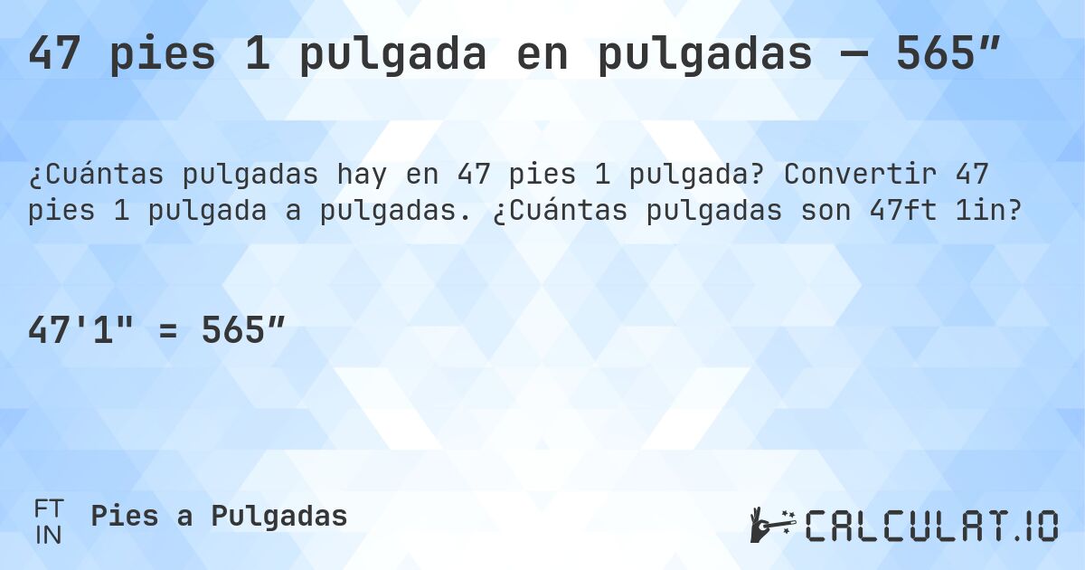 47 pies 1 pulgada en pulgadas — 565″. Convertir 47 pies 1 pulgada a pulgadas. ¿Cuántas pulgadas son 47ft 1in?