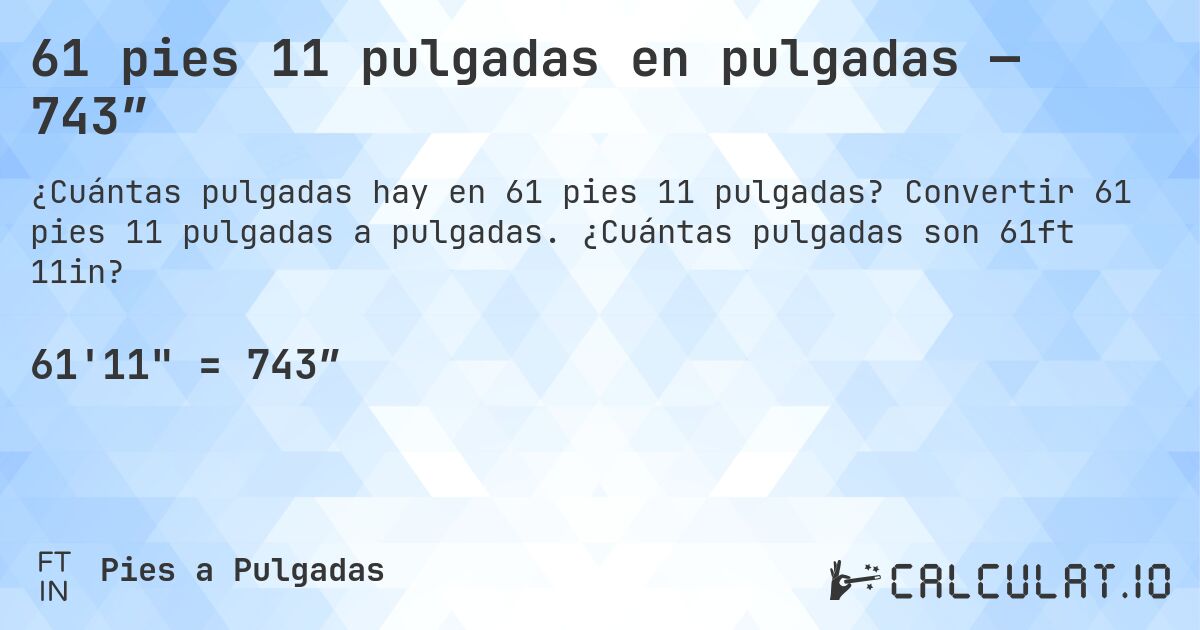 61 pies 11 pulgadas en pulgadas — 743″. Convertir 61 pies 11 pulgadas a pulgadas. ¿Cuántas pulgadas son 61ft 11in?