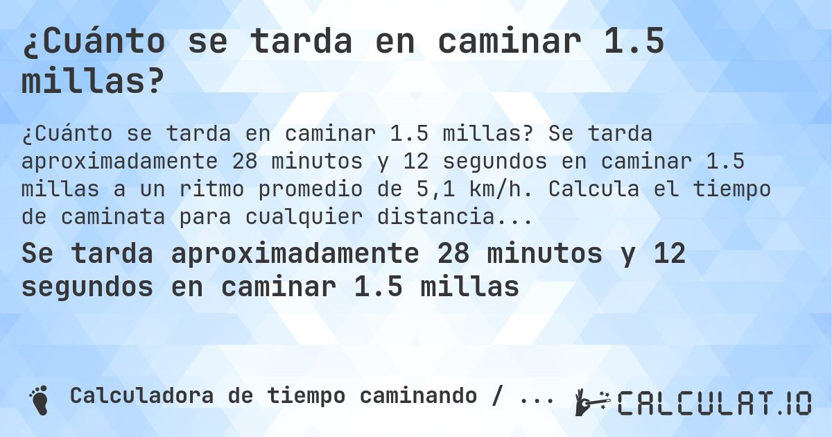 ¿Cuánto se tarda en caminar 1.5 millas?. Se tarda aproximadamente 28 minutos y 12 segundos en caminar 1.5 millas a un ritmo promedio de 5,1 km/h. Calcula el tiempo de caminata para cualquier distancia en millas.