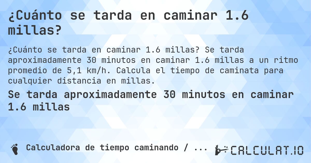 ¿Cuánto se tarda en caminar 1.6 millas?. Se tarda aproximadamente 30 minutos en caminar 1.6 millas a un ritmo promedio de 5,1 km/h. Calcula el tiempo de caminata para cualquier distancia en millas.