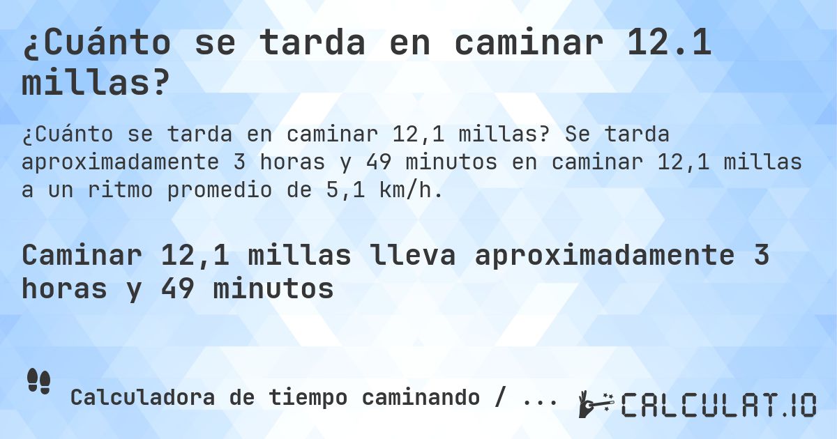 ¿Cuánto se tarda en caminar 12.1 millas?. Se tarda aproximadamente 3 horas y 49 minutos en caminar 12,1 millas a un ritmo promedio de 5,1 km/h.