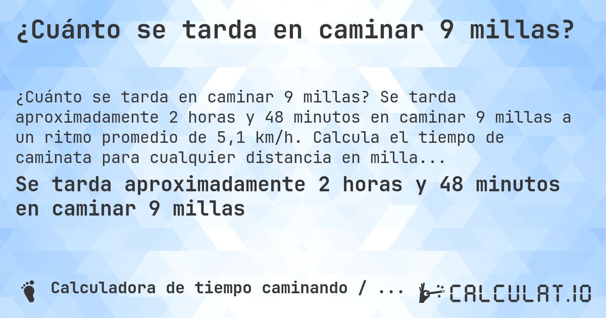 ¿Cuánto se tarda en caminar 9 millas?. Se tarda aproximadamente 2 horas y 48 minutos en caminar 9 millas a un ritmo promedio de 5,1 km/h. Calcula el tiempo de caminata para cualquier distancia en millas.