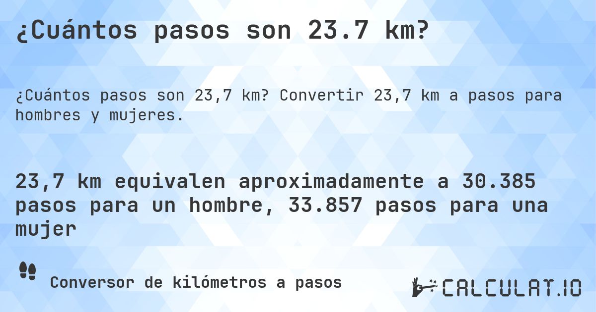 ¿Cuántos pasos son 23.7 km?. Convertir 23,7 km a pasos para hombres y mujeres.