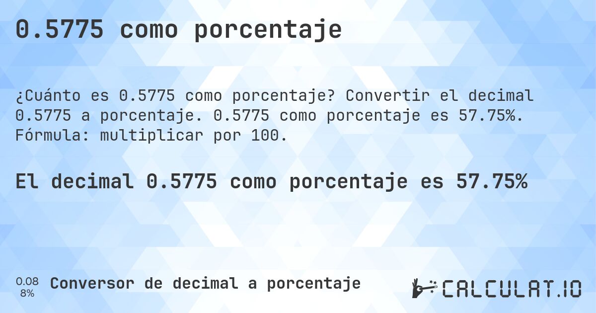 0.5775 como porcentaje. Convertir el decimal 0.5775 a porcentaje. 0.5775 como porcentaje es 57.75%. Fórmula: multiplicar por 100.