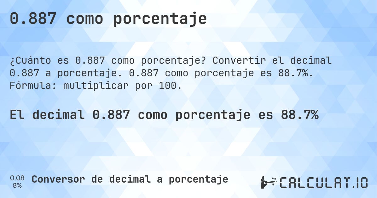 0.887 como porcentaje. Convertir el decimal 0.887 a porcentaje. 0.887 como porcentaje es 88.7%. Fórmula: multiplicar por 100.