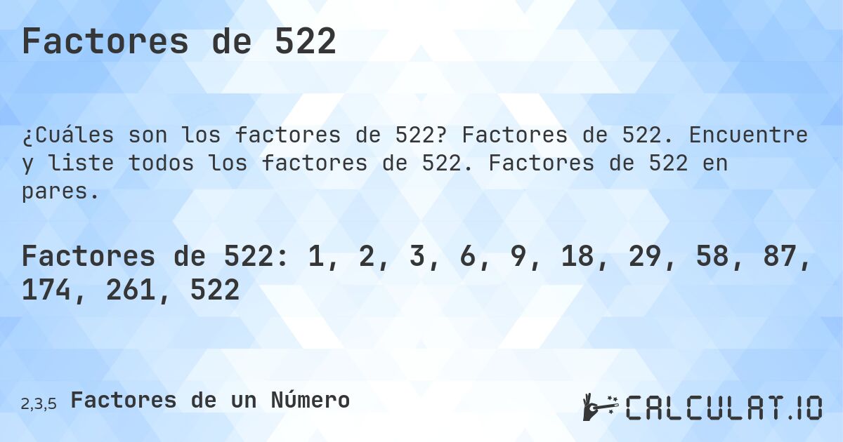Factores de 522. Factores de 522. Encuentre y liste todos los factores de 522. Factores de 522 en pares.