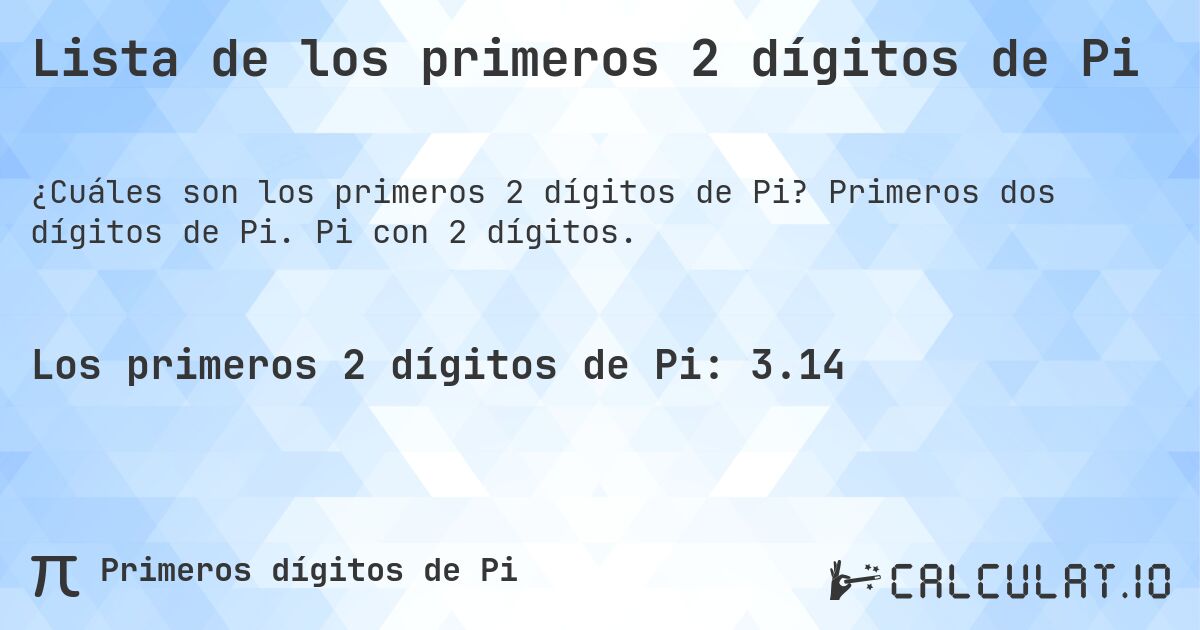 Lista de los primeros 2 dígitos de Pi. Primeros dos dígitos de Pi. Pi con 2 dígitos.