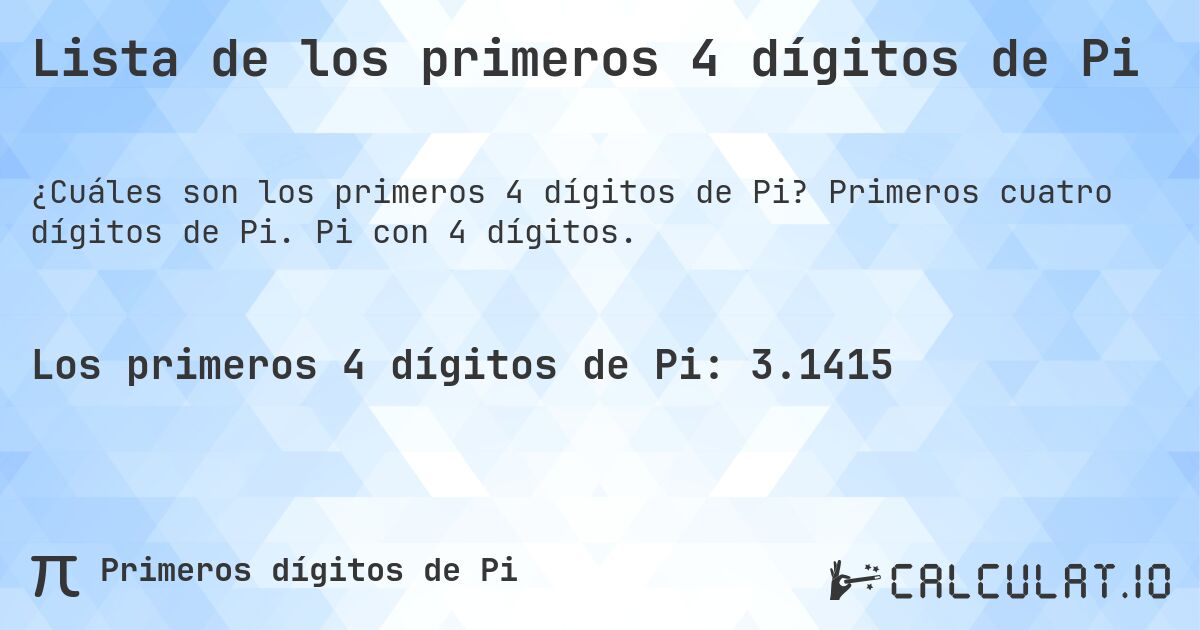 Lista de los primeros 4 dígitos de Pi. Primeros cuatro dígitos de Pi. Pi con 4 dígitos.