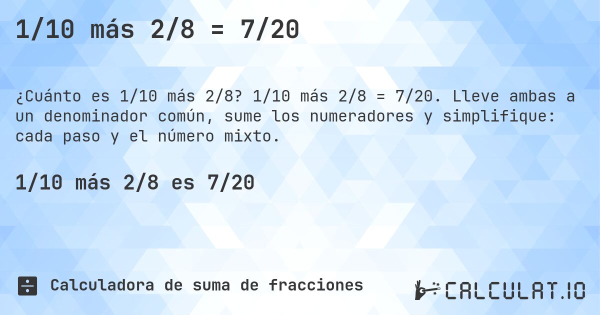 1/10 más 2/8 = 7/20. 1/10 más 2/8 = 7/20. Lleve ambas a un denominador común, sume los numeradores y simplifique: cada paso y el número mixto.