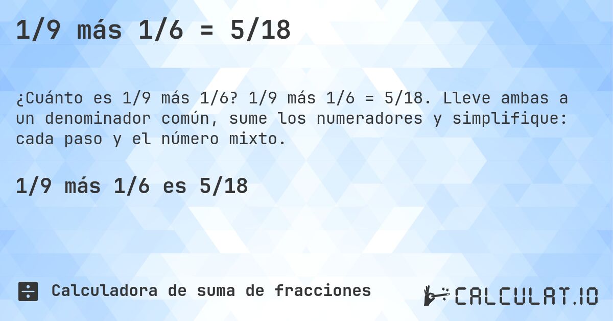 1/9 más 1/6 = 5/18. 1/9 más 1/6 = 5/18. Lleve ambas a un denominador común, sume los numeradores y simplifique: cada paso y el número mixto.
