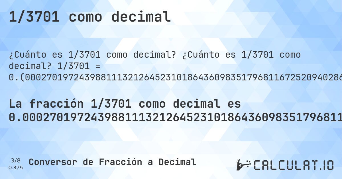 1/3701 como decimal. ¿Cuánto es 1/3701 como decimal? 1/3701 = 0.(0002701972439881113212645231018643609835179681167252094028640907862739800054039448797622264252904620372872196703593623345041880572818157254796001080788975952445285058092407457443934071872466900837611456363145095920021615779519048905701161848149148878681437449338016752229127262901918400432315590380978114023236962982977573628748986760335044582545258038368008646311807619562280464739259659551472574979735206700891650905160767360172926236152391245609294785193191029451499594704134017833018103215347203458524723047824912185895703863820589029991894082680356660362064306944069170494460956498243717914077276411780599837881653607133207241286138881383409889219129964874358281545528235611996757633072142664144825722777627668197784382599297487165630910564712239935152661442853282896514455552553363955687651985949743312618211294244798703053228857065657930289111051067279113753039718994866252364225884895974061064577141313158605782221021345582275060794379897325047284517697919481221291542826263172115644420426911645501215887597946500945690353958389624425830856525263442312888408538232910024317751958930018913807079167792488516617130505268846257768170764658200486355039178600378276141583355849770332342610105376925155363415293164009727100783572007565522831667116995406646852202107538503107268305863280194542015671440151310456633342339908132937044042150770062145366117265603890840313428803026209132666846798162658740880843015401242907322345312077816806268576060524182653336935963253174817616860308024858146446906241556336125371521210483653066738719265063496352337206160497162928938124831126722507430424209673061334774385301269927046744123209943258578762496622534450148608484193461226695487706025398540934882464198865171575249932450689002972169683869224533909754120507970818697649283977303431504998649013780059443393677384490678195082410159416373952985679546068630099972980275601188867873547689813563901648203188327479059713590921372601999459605512023777357470953796271278032964063766549581194271818427452039989192110240475547149419075925425560659281275330991623885436368549040799783842204809510942988381518508511213185625506619832477708727370980815995676844096190218859767630370170224263712510132396649554174547419616319913536881923804377195352607403404485274250202647932991083490948392326398270737638476087543907052148068089705485004052958659821669818967846527965414752769521750878141042961361794109700081059173196433396379356930559308295055390435017562820859227235882194001621183463928667927587138611186165901107808700351256417184544717643880032423669278573358551742772223723318022156174007025128343690894352877600648473385571467171034855444474466360443123480140502566873817887057552012969467711429343420697108889489327208862469602810051337476357741151040259389354228586868413942177789786544177249392056201026749527154823020805187787084571737368278843555795730883544987841124020534990543096460416103755741691434747365576871115914617670899756822480410699810861929208322075114833828694947311537422318292353417995136449608213996217238584166441502296676573898946230748446365847068359902728992164279924344771683328830045933531477978924614968927316941367198054579843285598486895433666576600918670629559578492299378546338827343961091596865711969737908673331532018373412591191569845987570926776546879221831937314239394758173466630640367468251823831396919751418535530937584436638746284787895163469332612807349365036476627938395028370710618751688732774925695757903269386652256146987300729532558767900567414212375033774655498513915158065387733045122939746014590651175358011348284247500675493109970278303161307754660902458794920291813023507160226965684950013509862199405566063226155093218049175898405836260470143204539313699). Conversión paso a paso de fracción a decimal con detección de decimales periódicos.